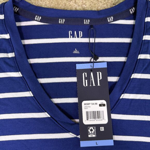 Gap Women's Soft Jersey Relaxed Short Sleeve V-Neck Top Size L Blue Striped E871 - Picture 2 of 9